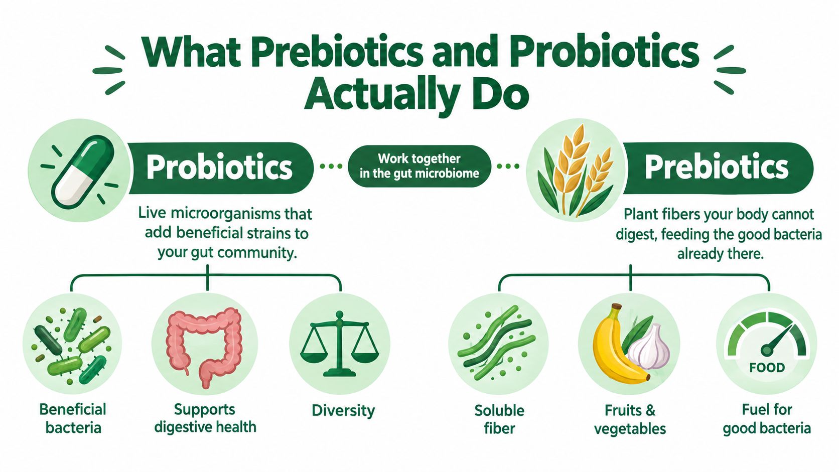 An educational infographic explaining the difference between prebiotics and probiotics and how they support gut health.