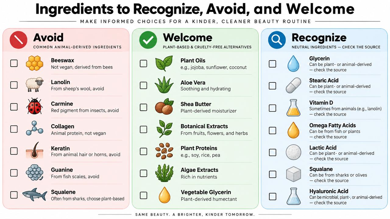 A chart categorizing common beauty product ingredients into those to avoid, welcome, or recognize for vegan consumers.