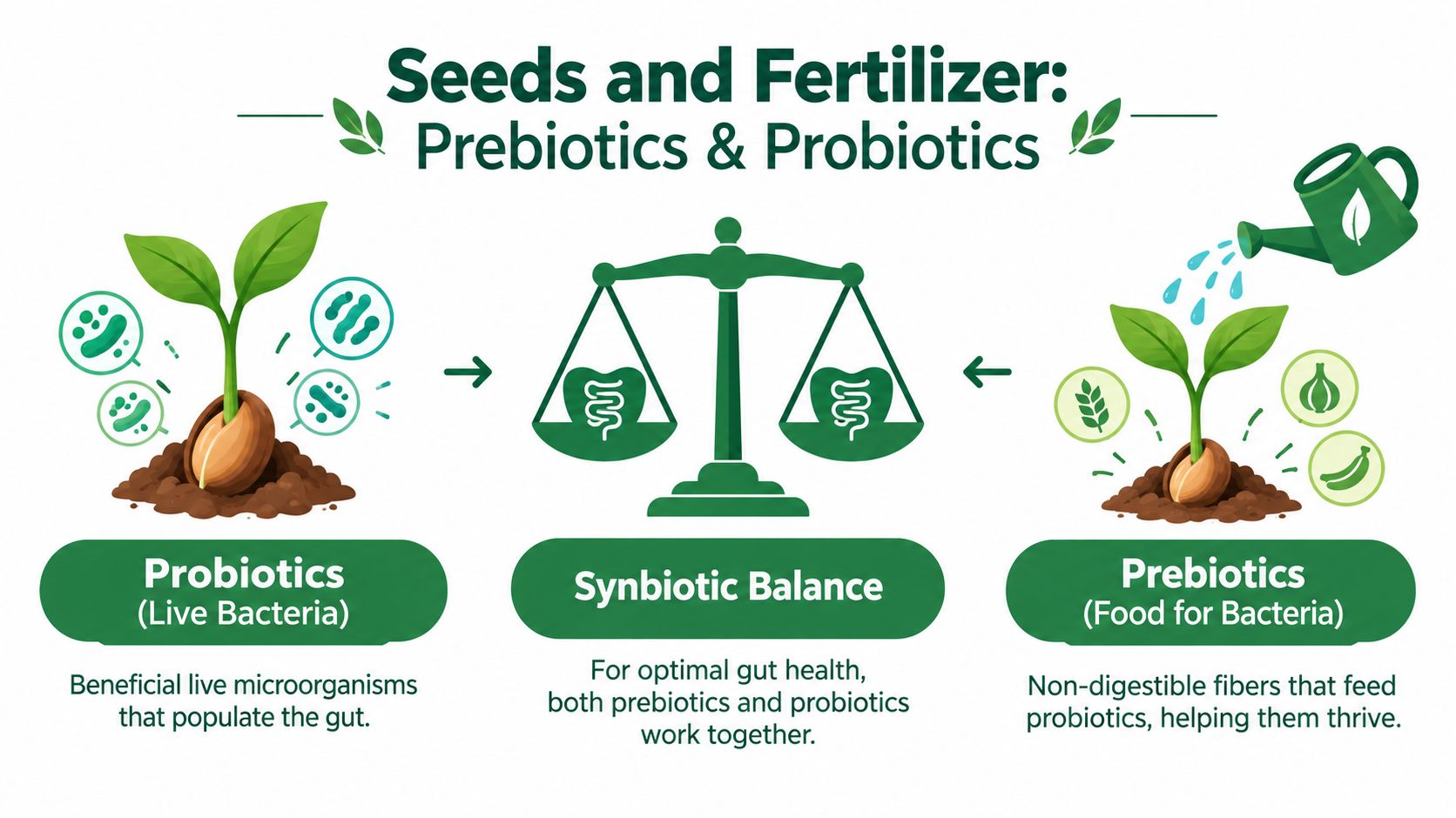 An infographic illustrating the concepts of probiotics, prebiotics, and the importance of achieving synbiotic balance for health.