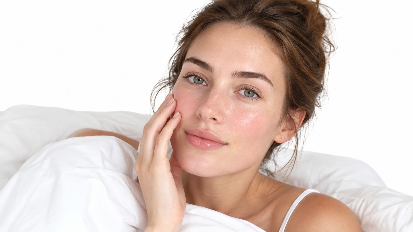 A young woman with fresh, glowing skin resting her hand against her cheek while in bed.