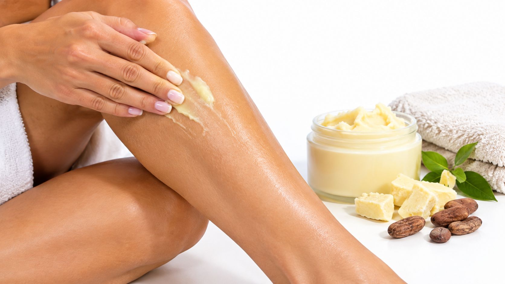 A person applying nourishing cocoa butter cream onto their leg next to cocoa beans and natural ingredients.