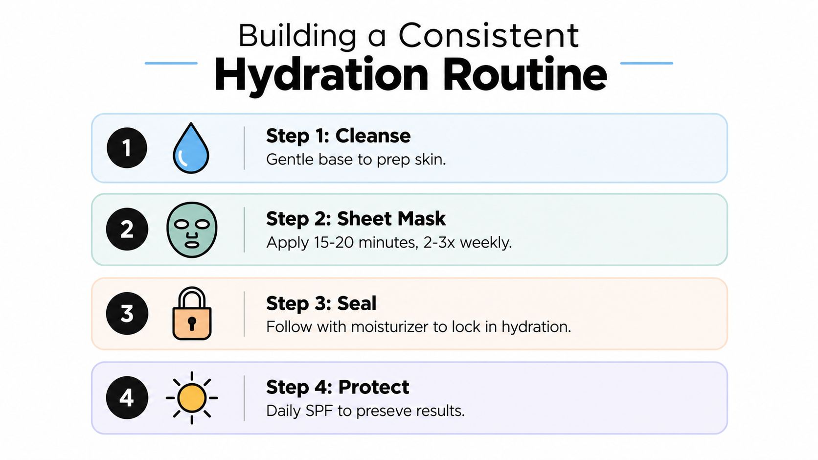 An infographic titled Building a Consistent Hydration Routine featuring four numbered steps for skincare maintenance.