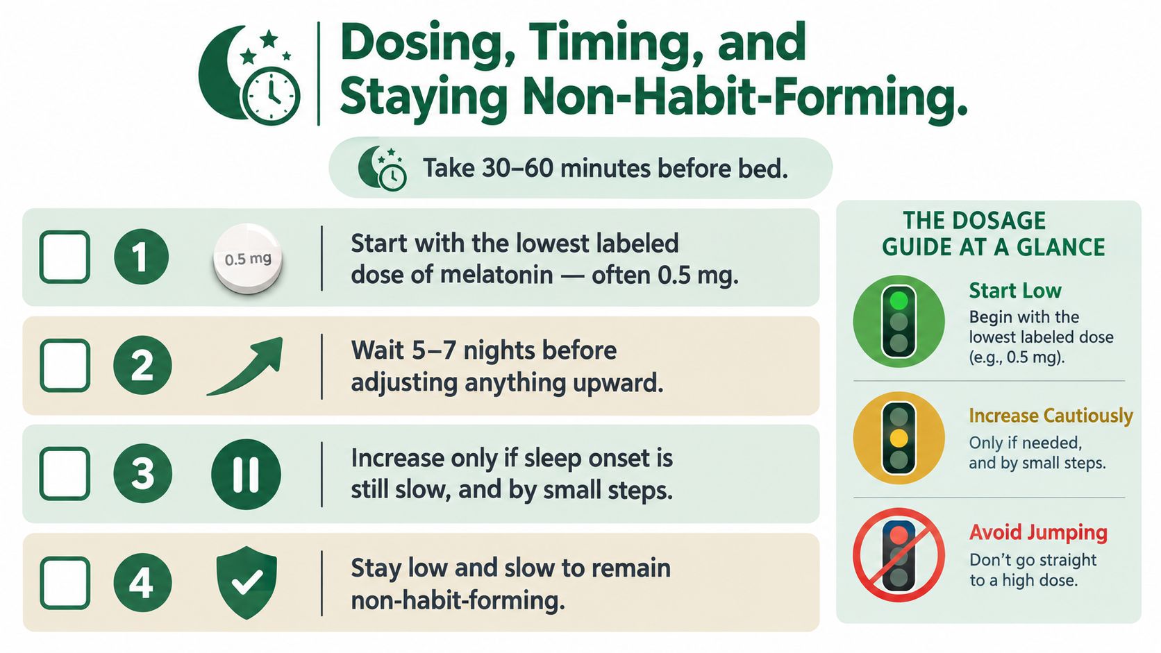 An infographic detailing the correct dosage and timing for taking melatonin supplements to remain non-habit-forming.