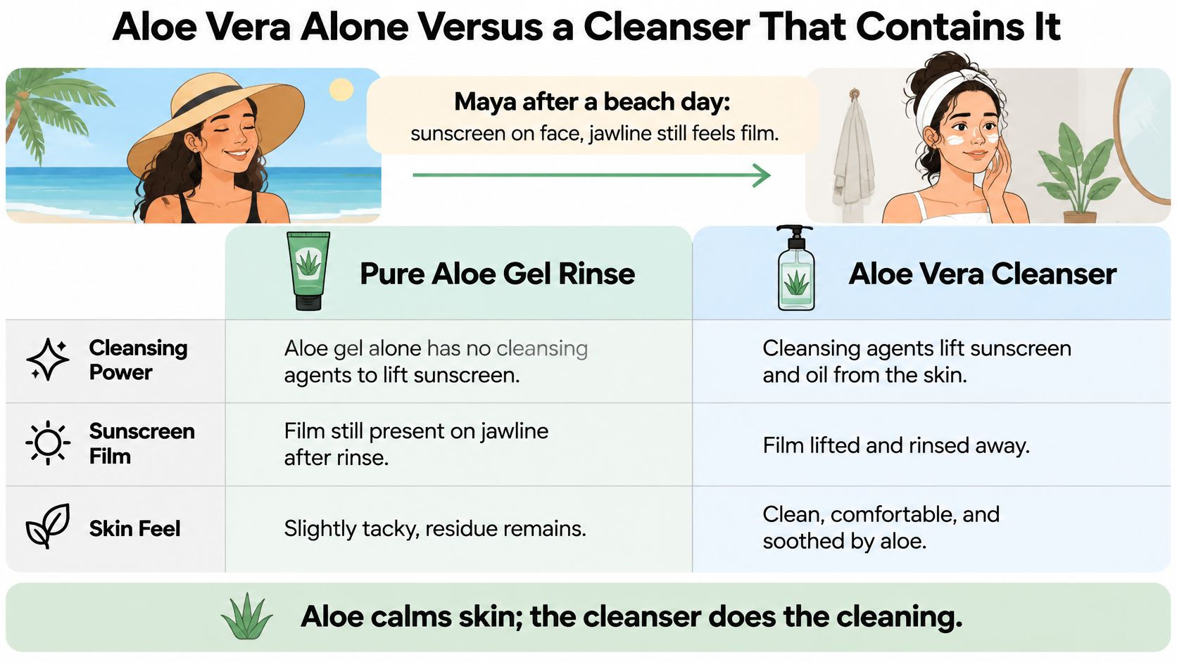 A comparison table illustrating that pure aloe vera gel cannot replace a cleanser for removing sunscreen.