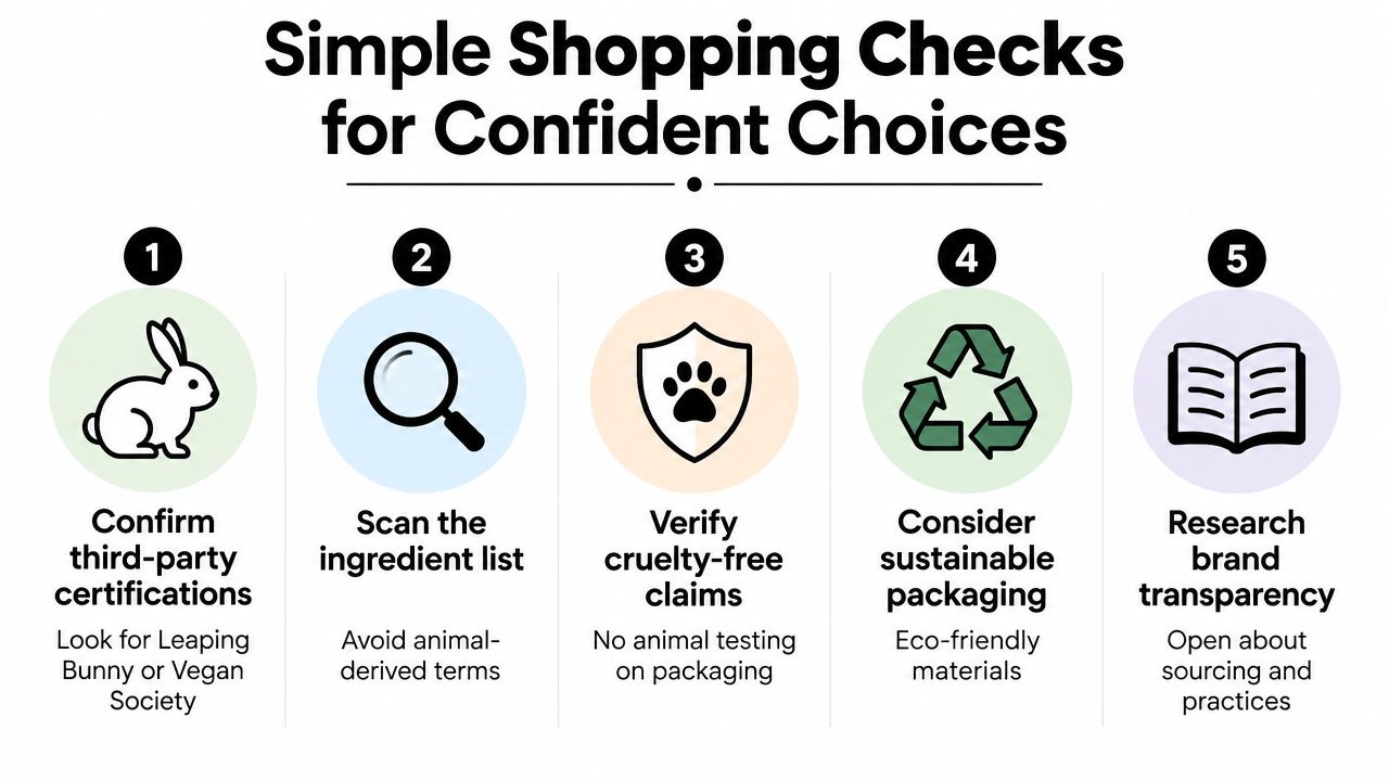 An infographic detailing five simple shopping checks for choosing ethical, vegan, and cruelty-free beauty products.