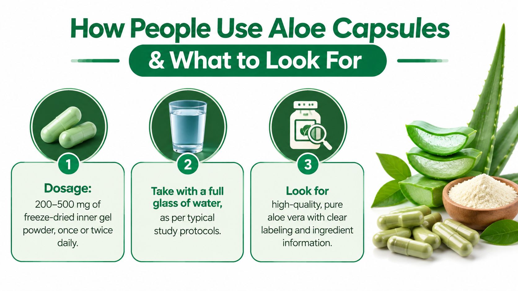 An infographic showing instructions for taking aloe vera gel capsules, including dosage, hydration, and quality criteria.