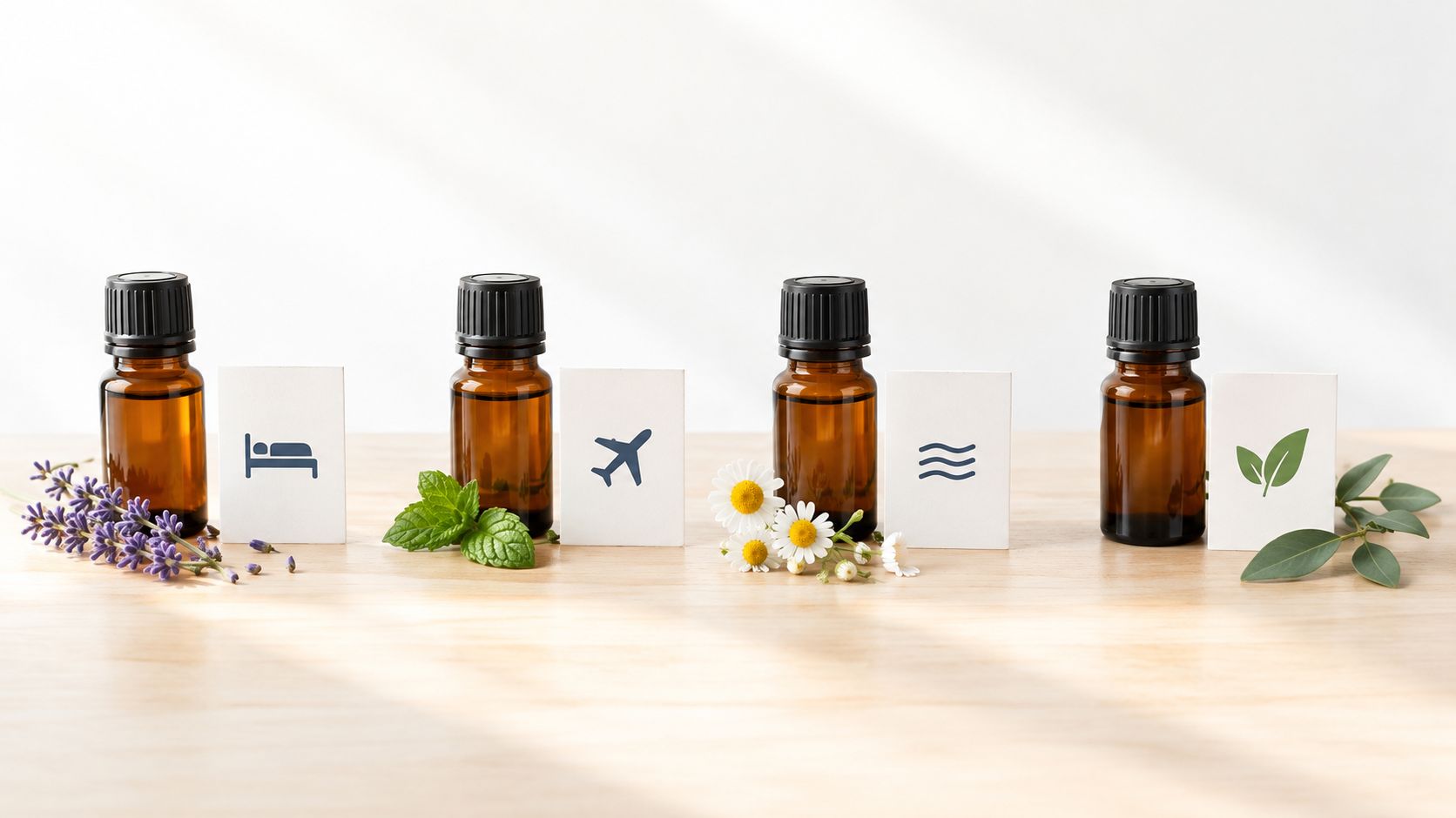 Four brown essential oil bottles arranged with herbs, flowers, and cards showing travel and sleep icons.