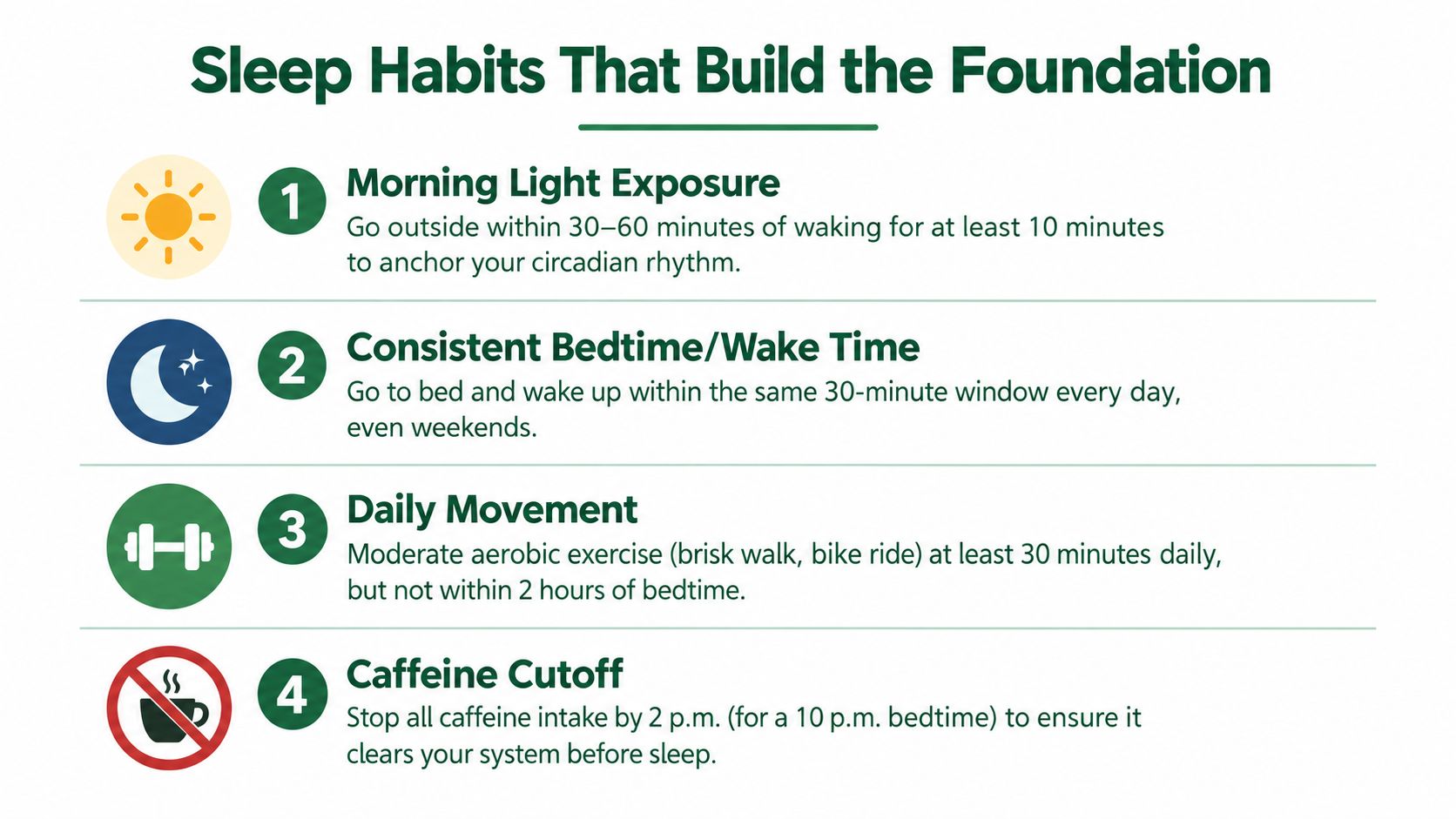 A four-point list illustration showing healthy habits to build a foundation for better sleep.