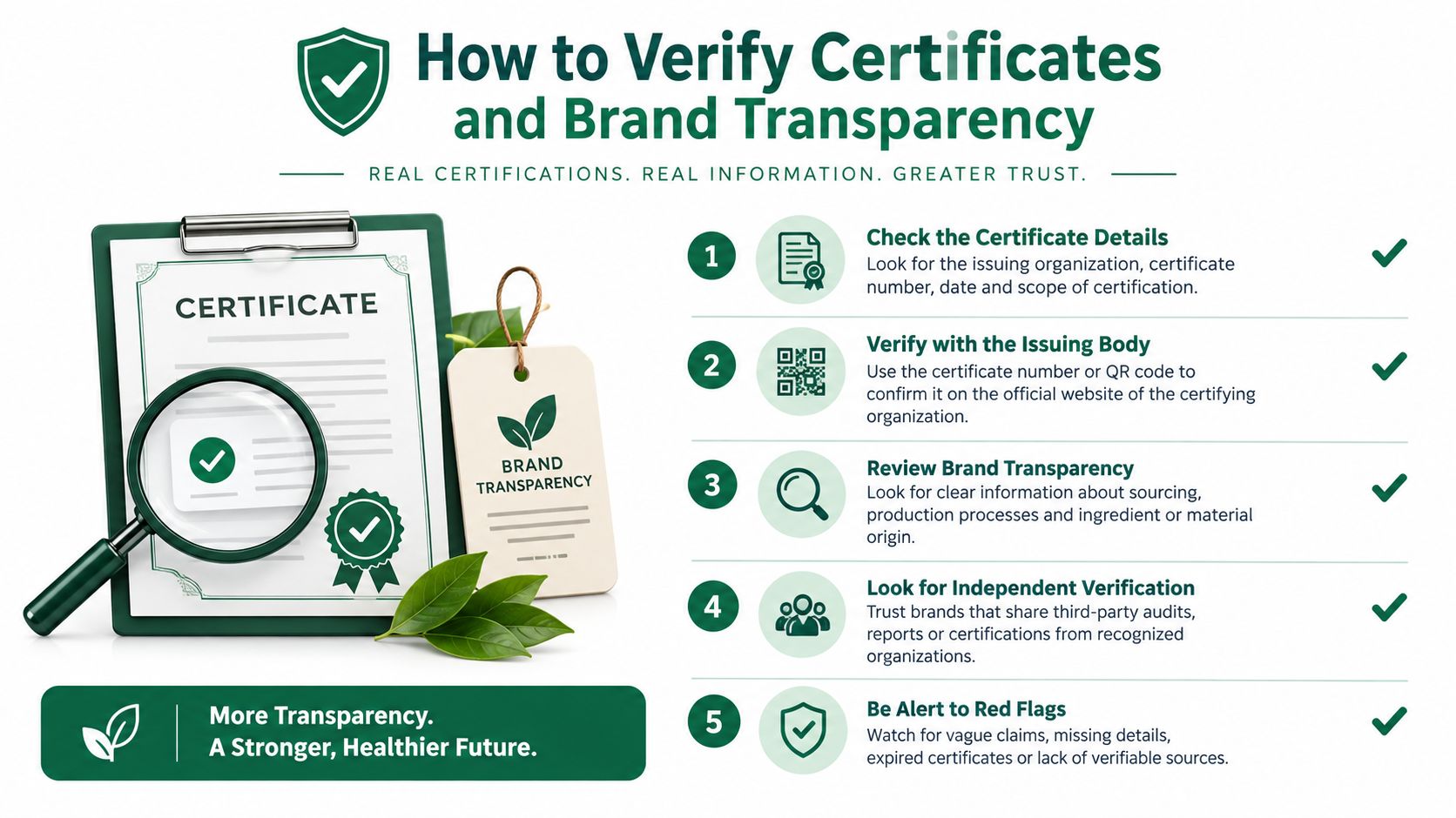 A guide illustrating how to verify certificates and ensure brand transparency through five actionable steps.