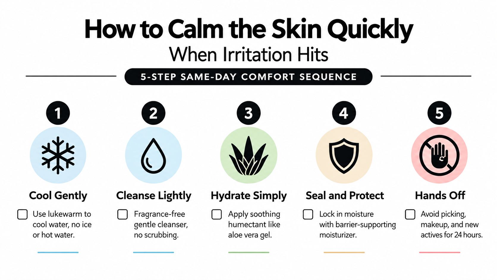 A five-step skincare infographic showing how to quickly calm irritated skin with gentle care instructions.