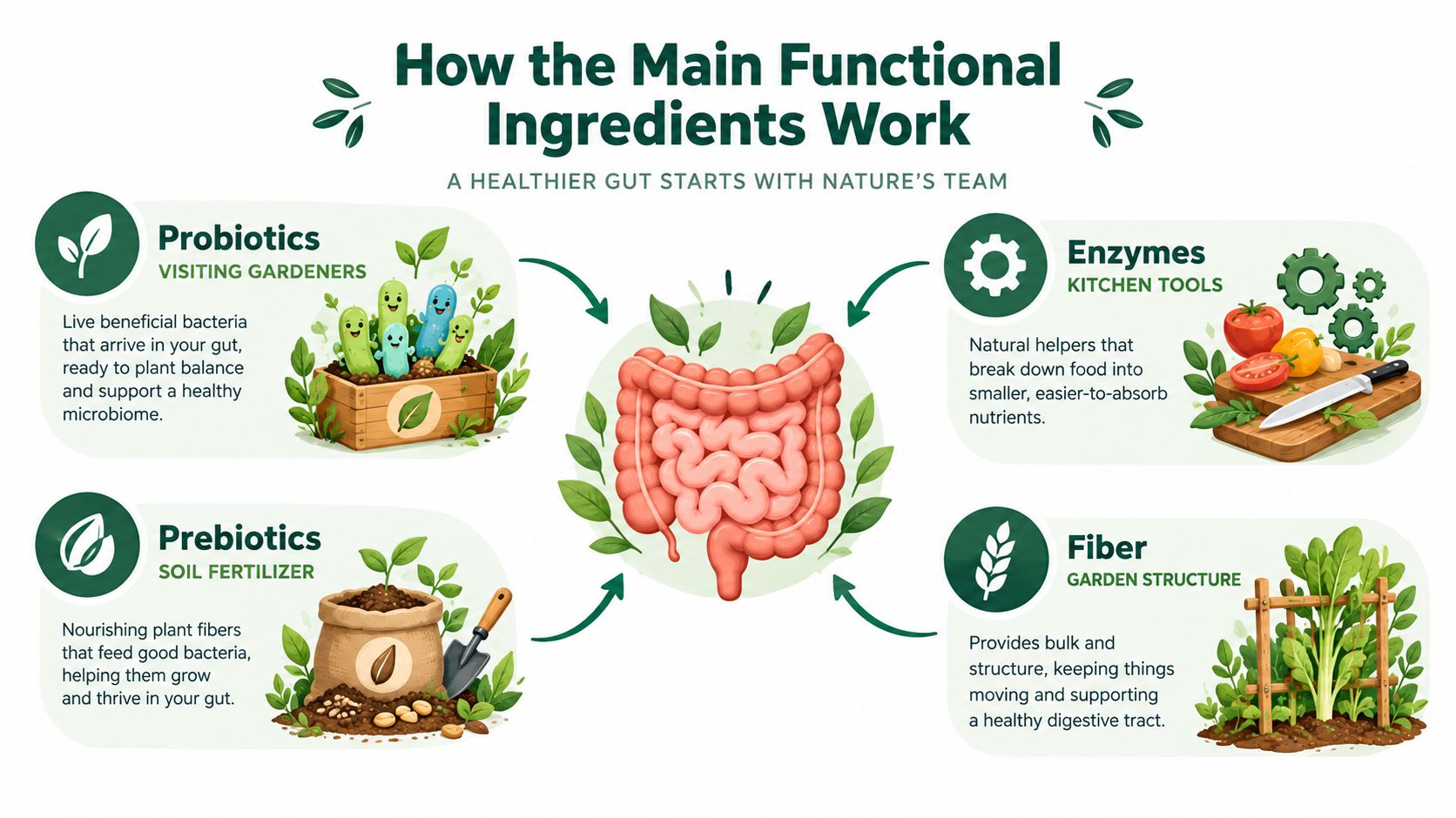 An infographic explaining how probiotics, prebiotics, enzymes, and fiber contribute to digestive health and gut function.