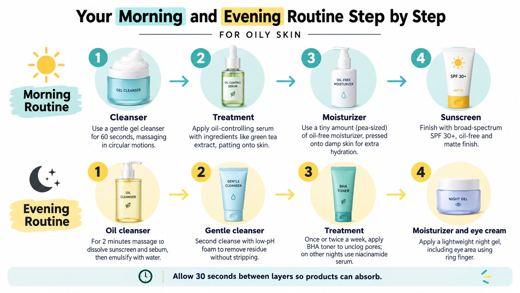 A detailed step-by-step guide illustrating an effective morning and evening skincare routine for oily skin types.