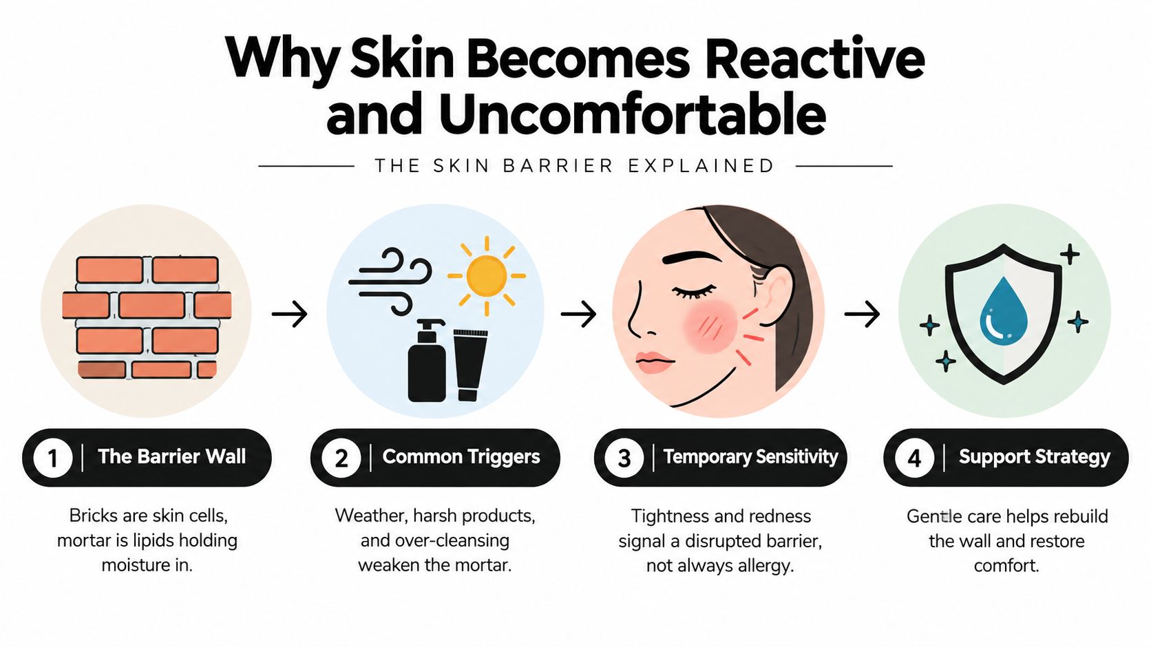 An infographic illustrating four steps of how a disrupted skin barrier causes reactive and uncomfortable skin sensations.