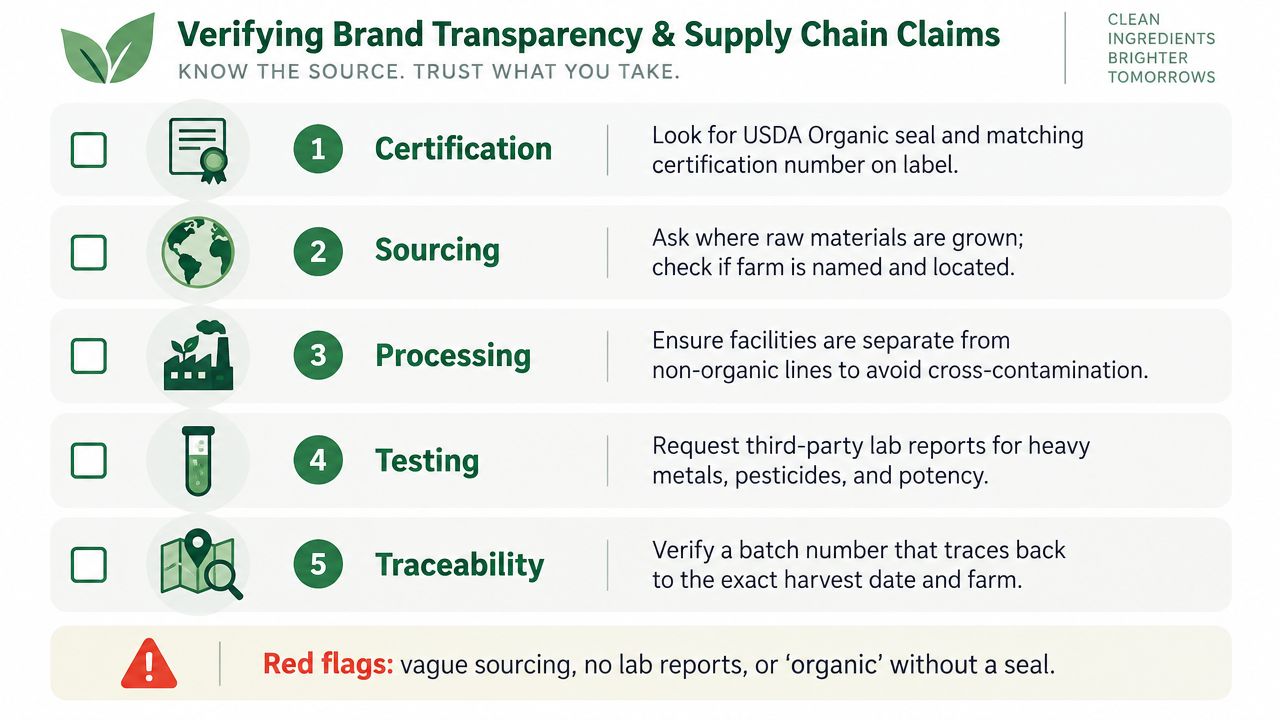 A checklist guide showing five essential steps to verify the transparency and quality of organic supplements.
