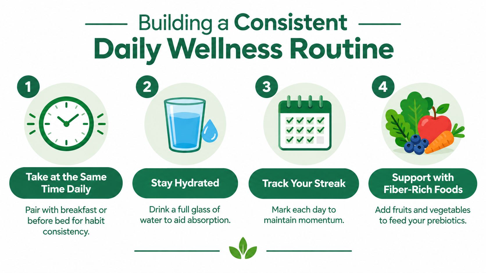 An infographic titled Building a Consistent Daily Wellness Routine featuring four steps with icons and explanatory text.
