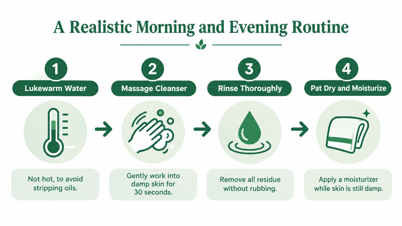 A four-step infographic illustrating a simple and realistic skincare routine for daily morning and evening cleansing.