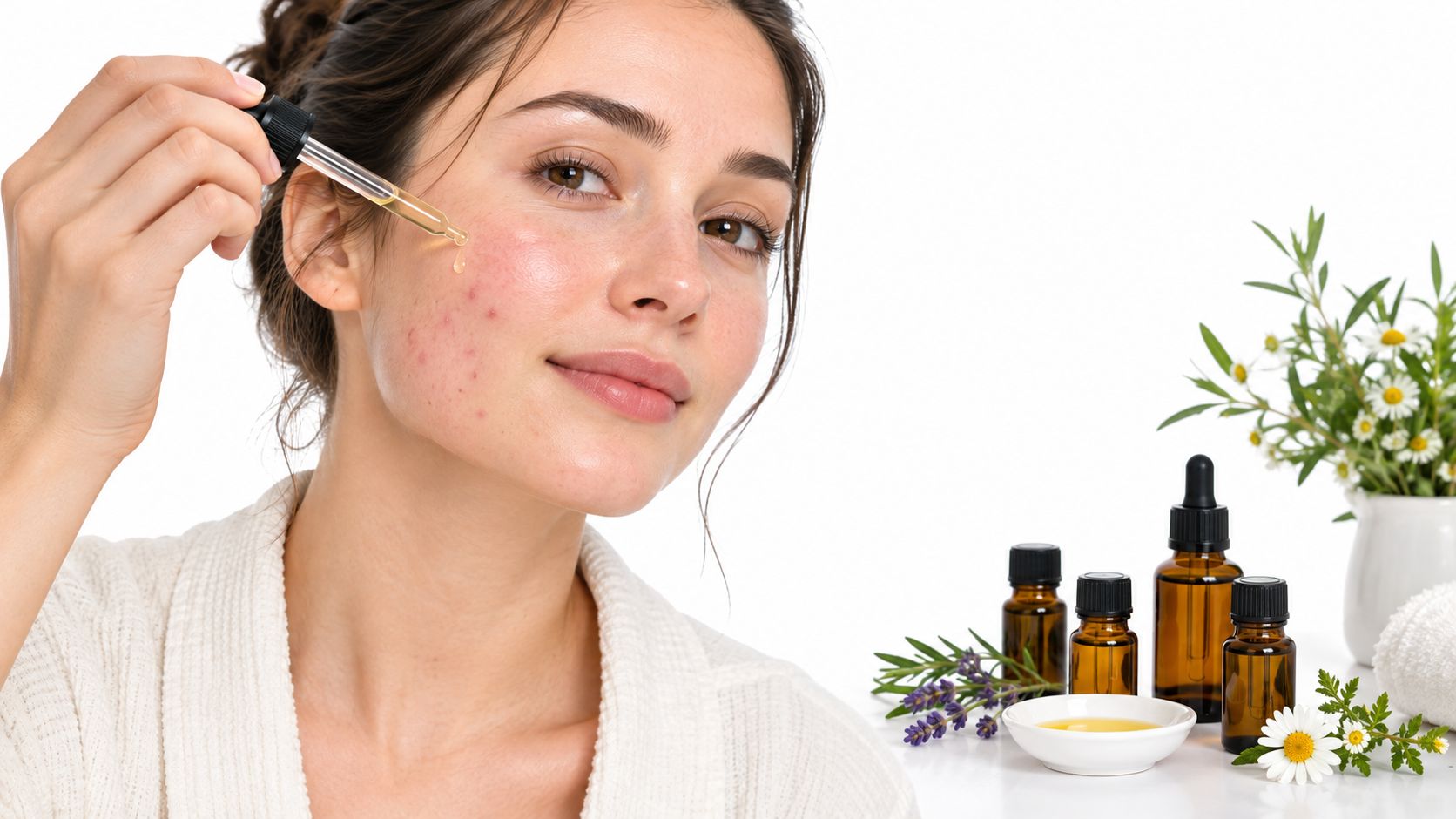 A woman applying natural essential oil from a dropper to her face to treat skin blemishes.