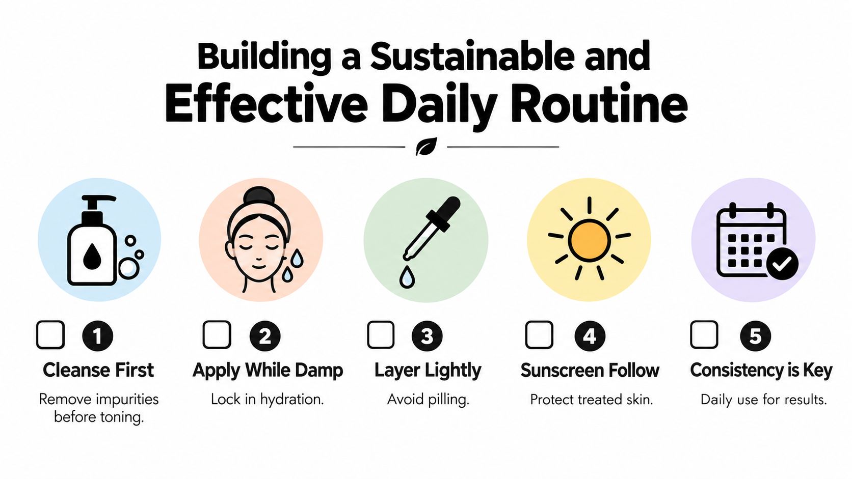 A five-step guide on how to build a sustainable and effective daily skincare routine graphic.