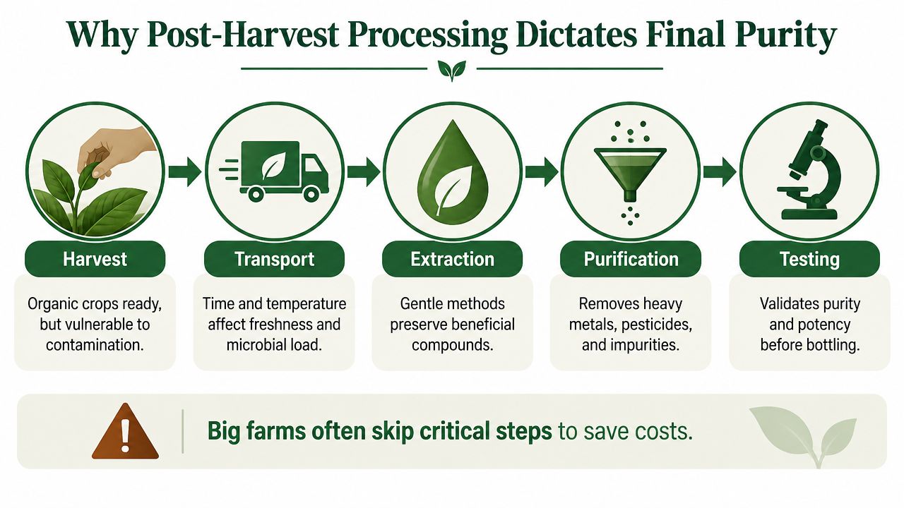 An infographic illustrating the five critical post-harvest processing steps for high-quality organic crop supplements.