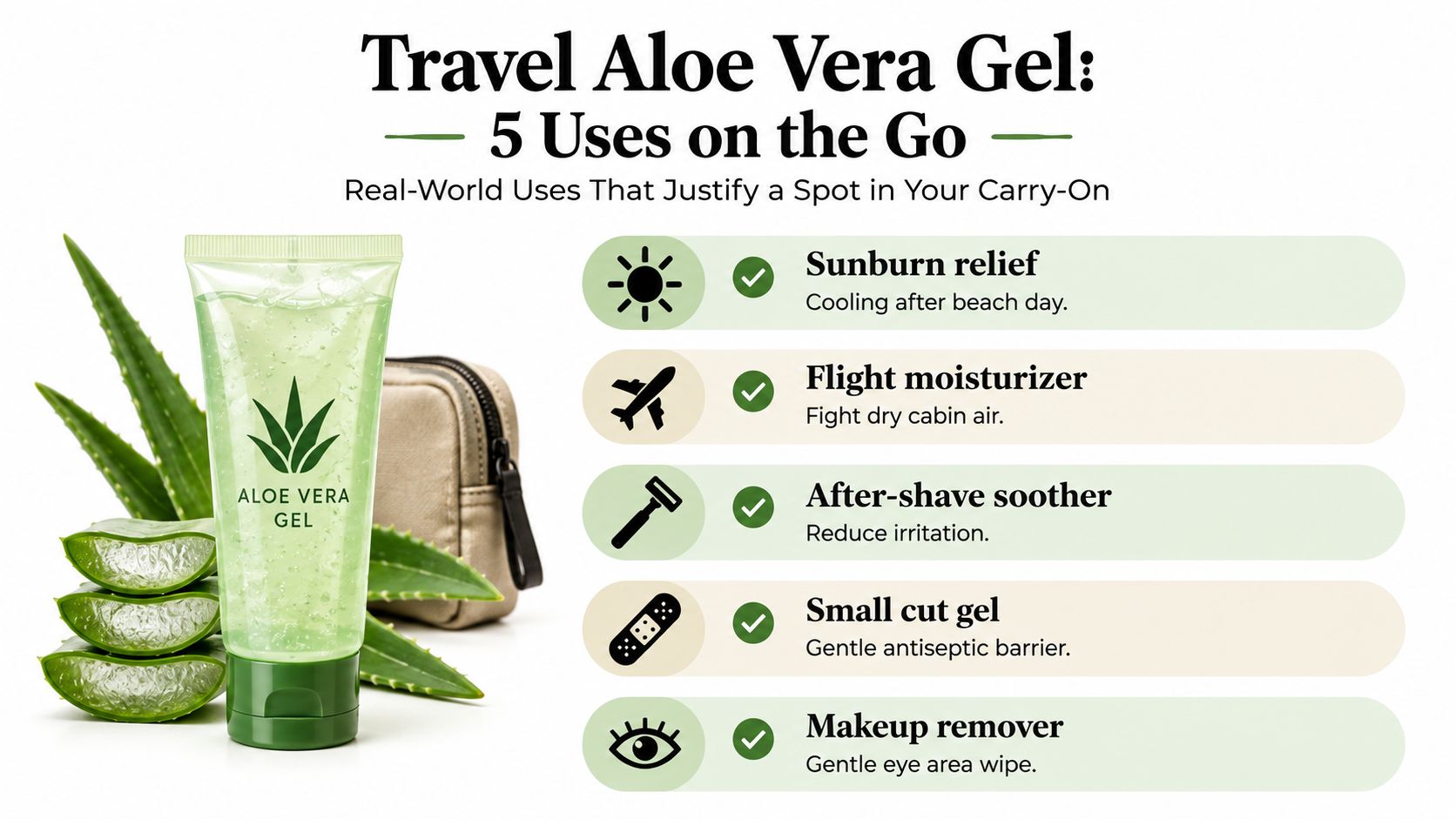 A travel-sized tube of aloe vera gel displayed with fresh aloe leaves and a toiletry bag.