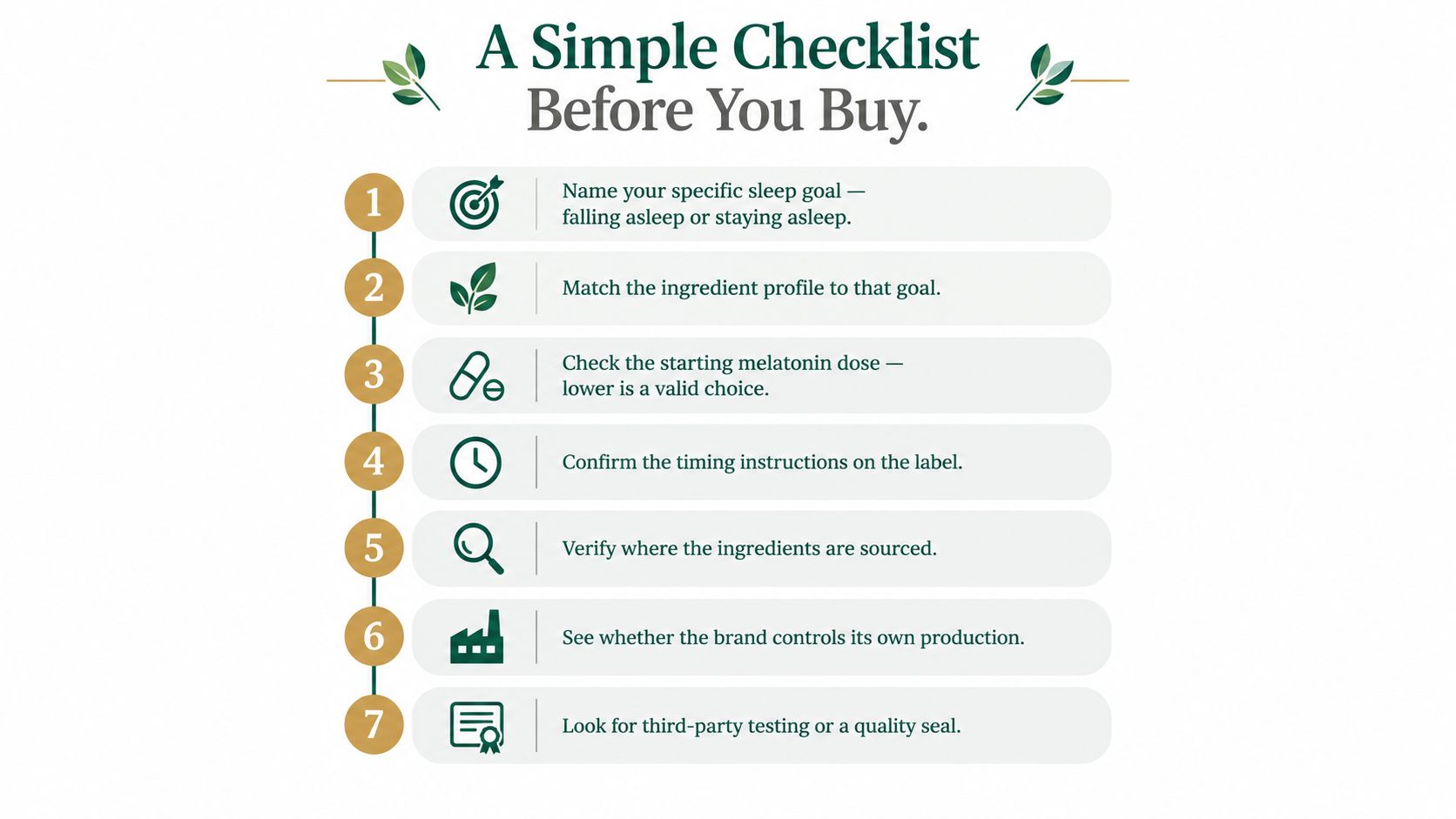 A checklist infographic titled A Simple Checklist Before You Buy with seven steps for choosing sleep supplements.