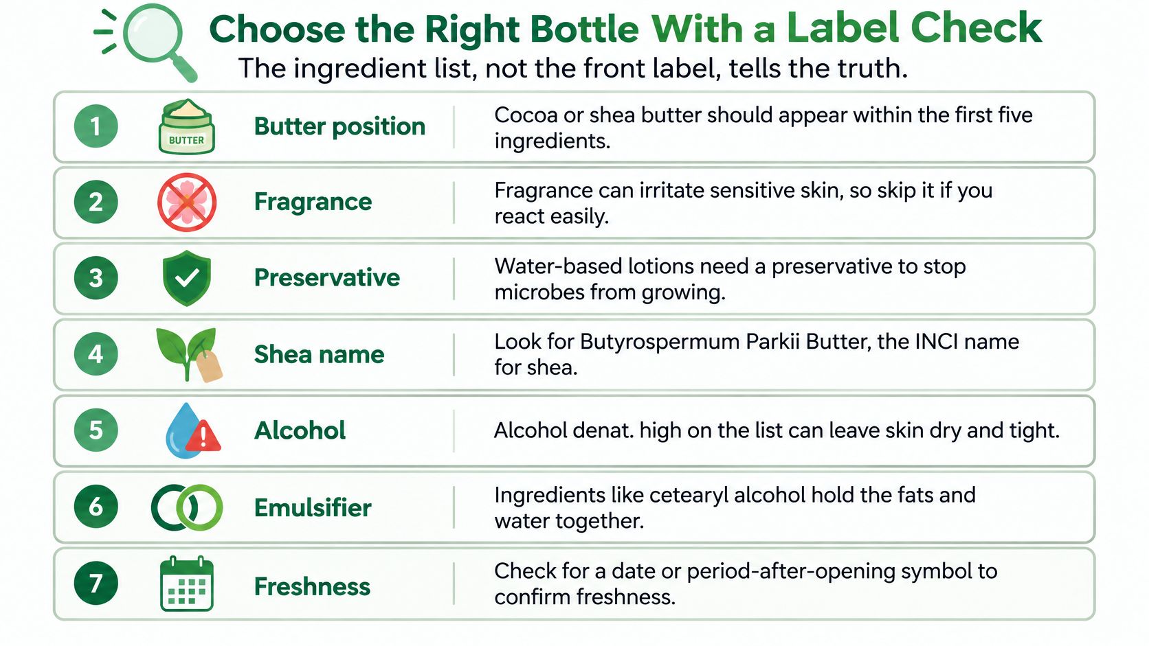 An infographic titled Choose the Right Bottle With a Label Check listing seven tips for reading skincare labels.