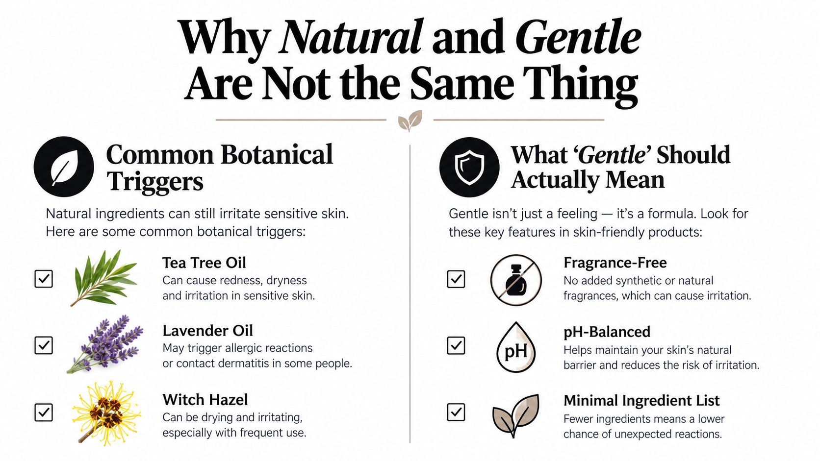 An infographic titled Why Natural and Gentle Are Not the Same Thing, detailing common botanical irritants and skincare standards.