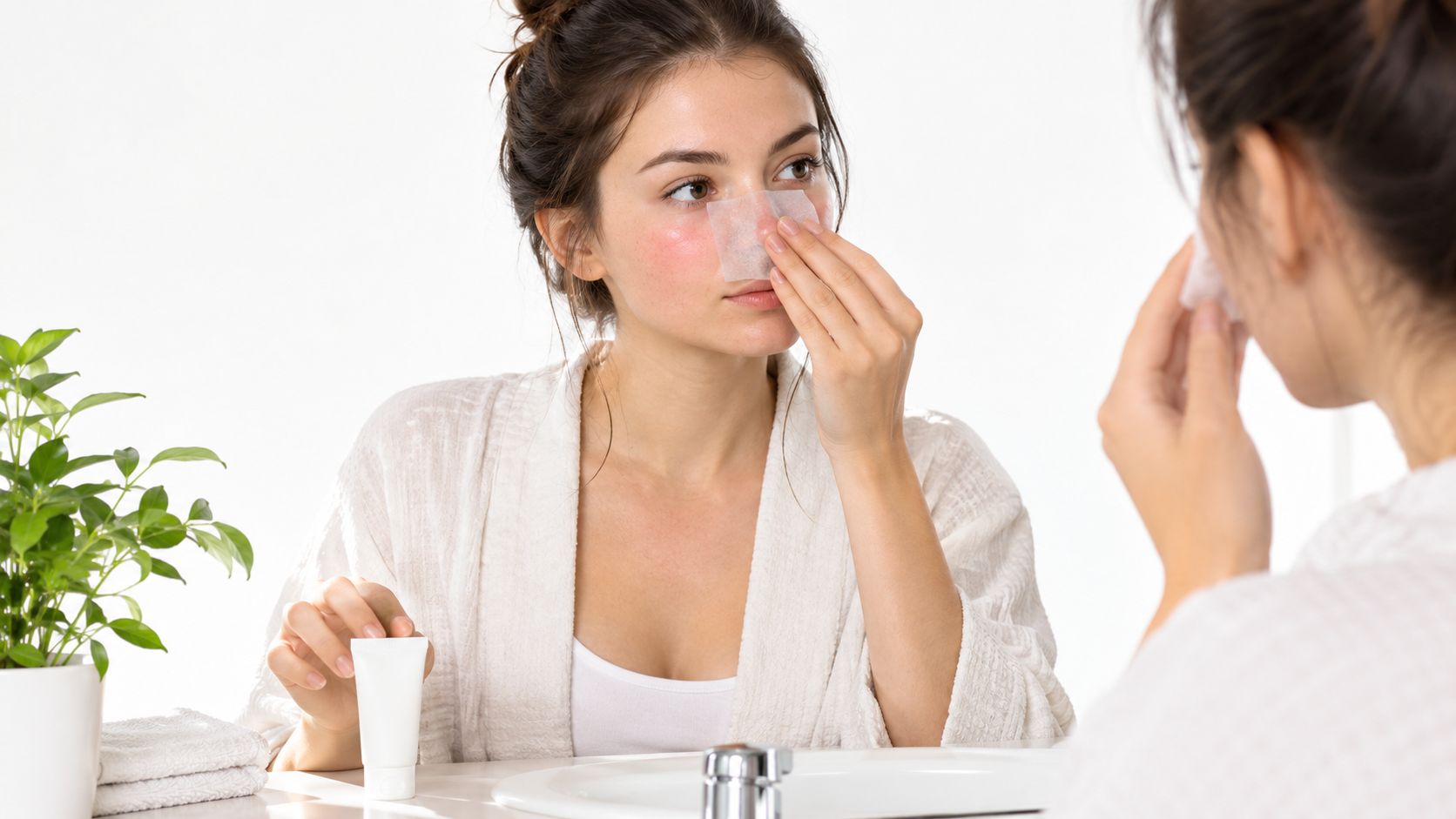 A young woman applying a blotting paper to her nose to manage oily and sensitive skin.