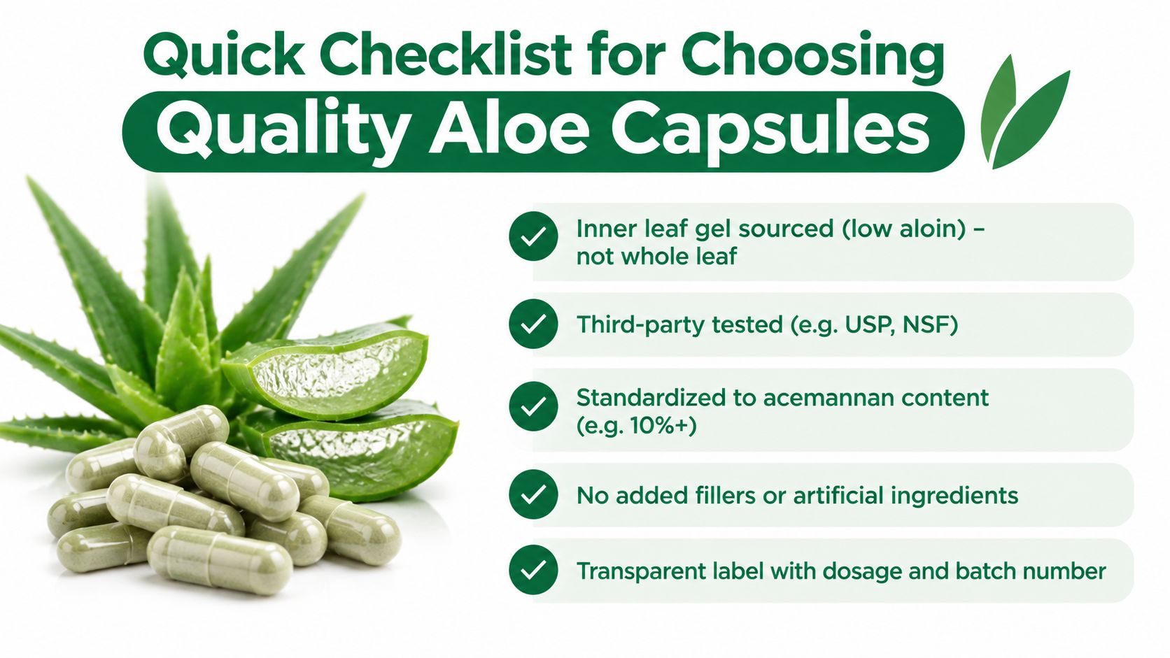 A checklist infographic for selecting quality aloe vera capsules, featuring a stack of supplement pills.