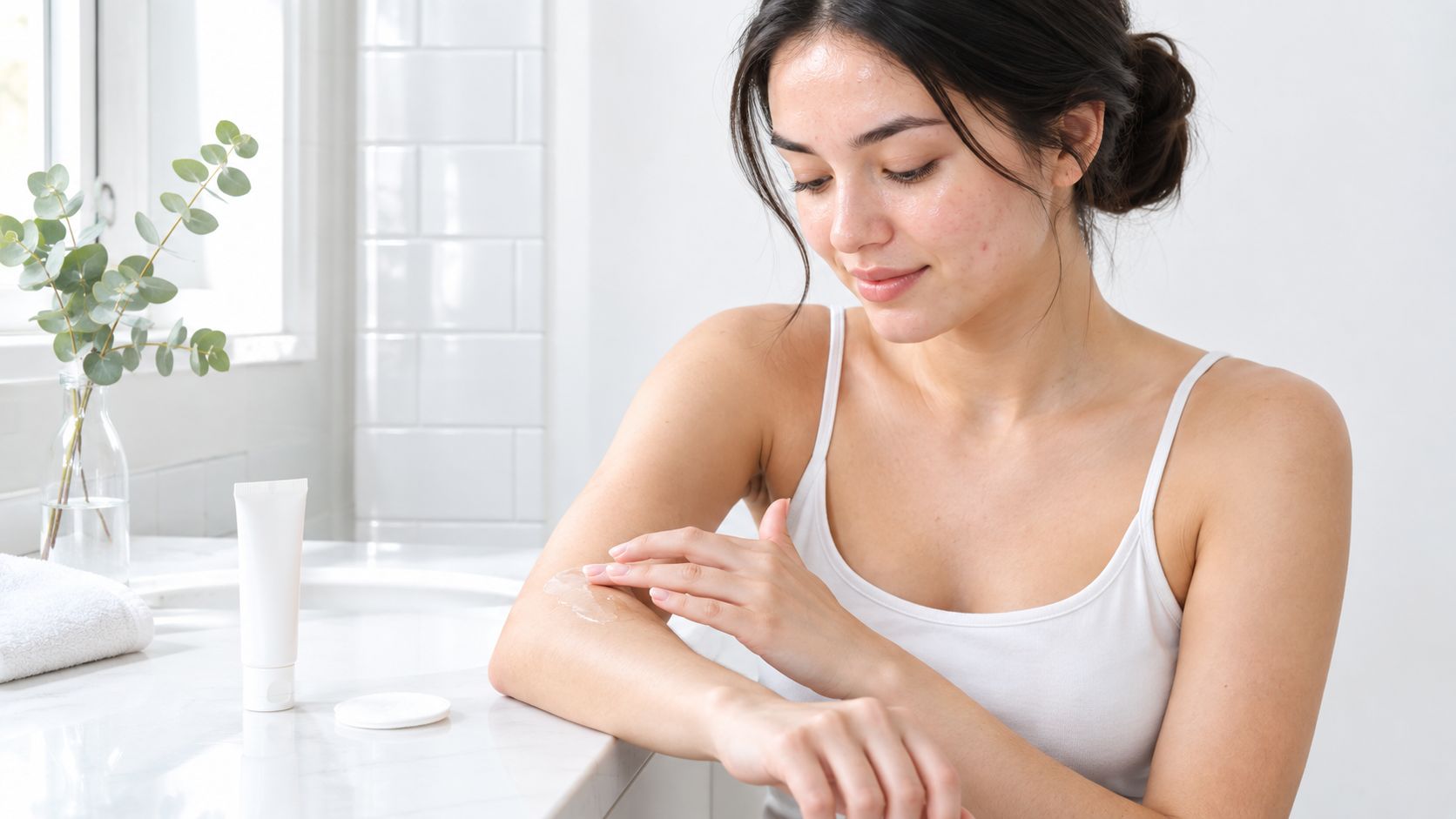 A young woman applying a moisturizing gel serum onto her arm in a bright, clean bathroom setting.