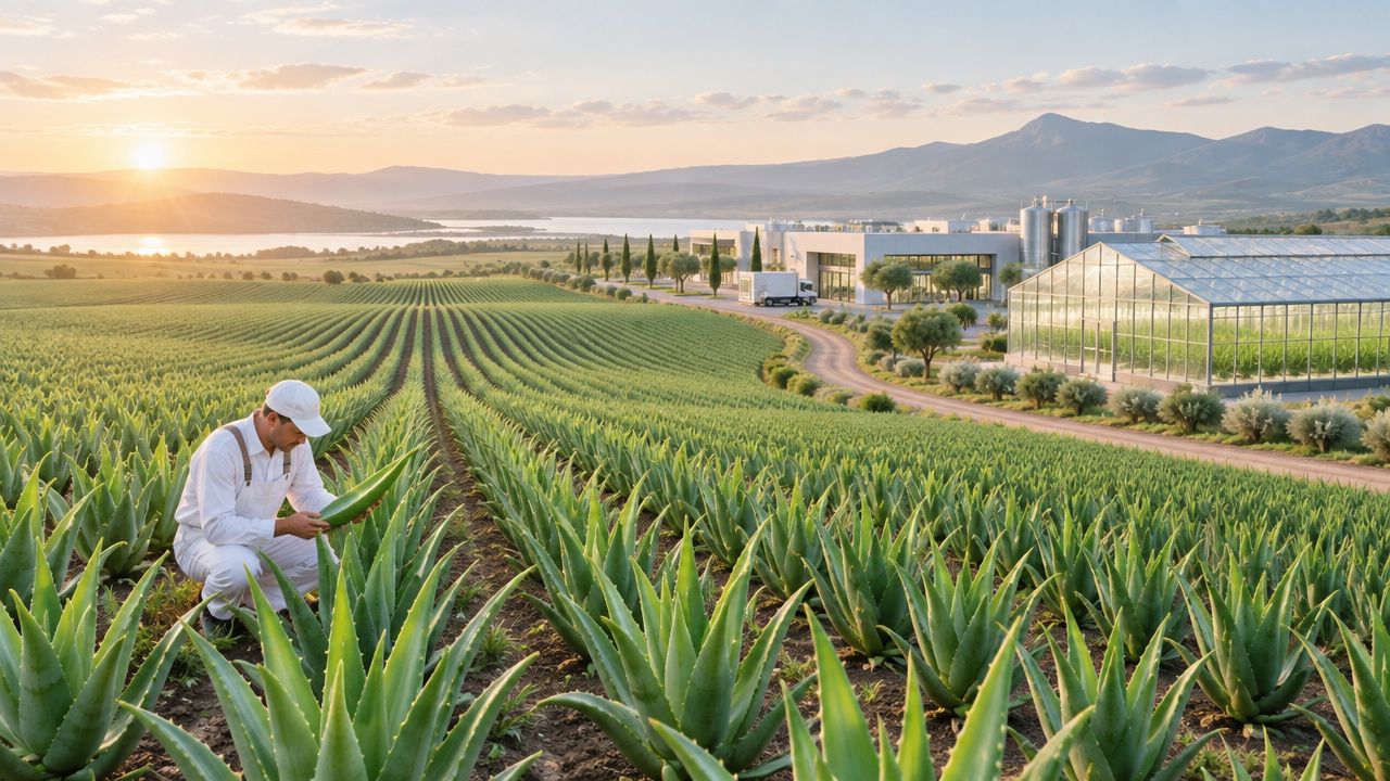 A farmer inspecting an aloe vera plant in a large field near a processing facility at sunset.