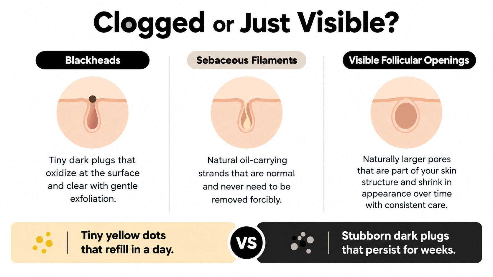 A skin care infographic comparing blackheads, sebaceous filaments, and visible follicular openings to explain skin pores.