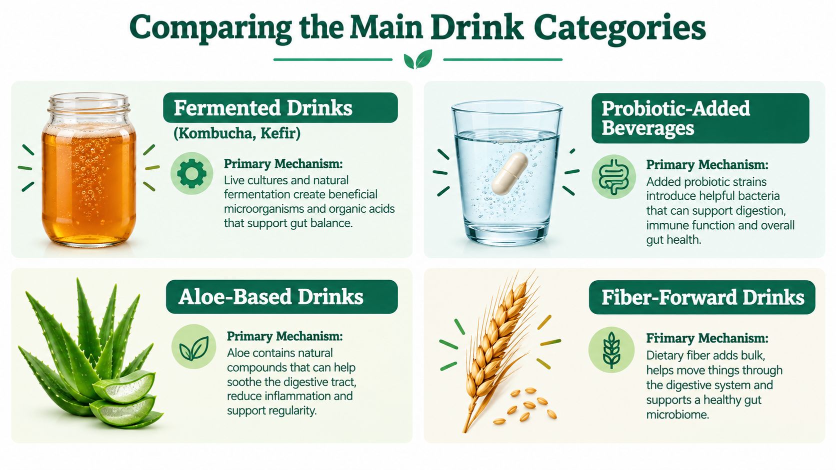 An infographic comparing four main categories of digestive health drinks: fermented, probiotic-added, aloe-based, and fiber-forward.