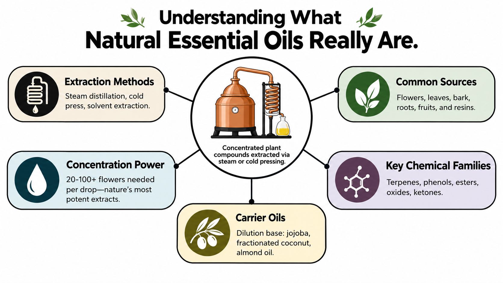 An infographic titled Understanding What Natural Essential Oils Really Are, detailing extraction, sources, concentration, and usage.