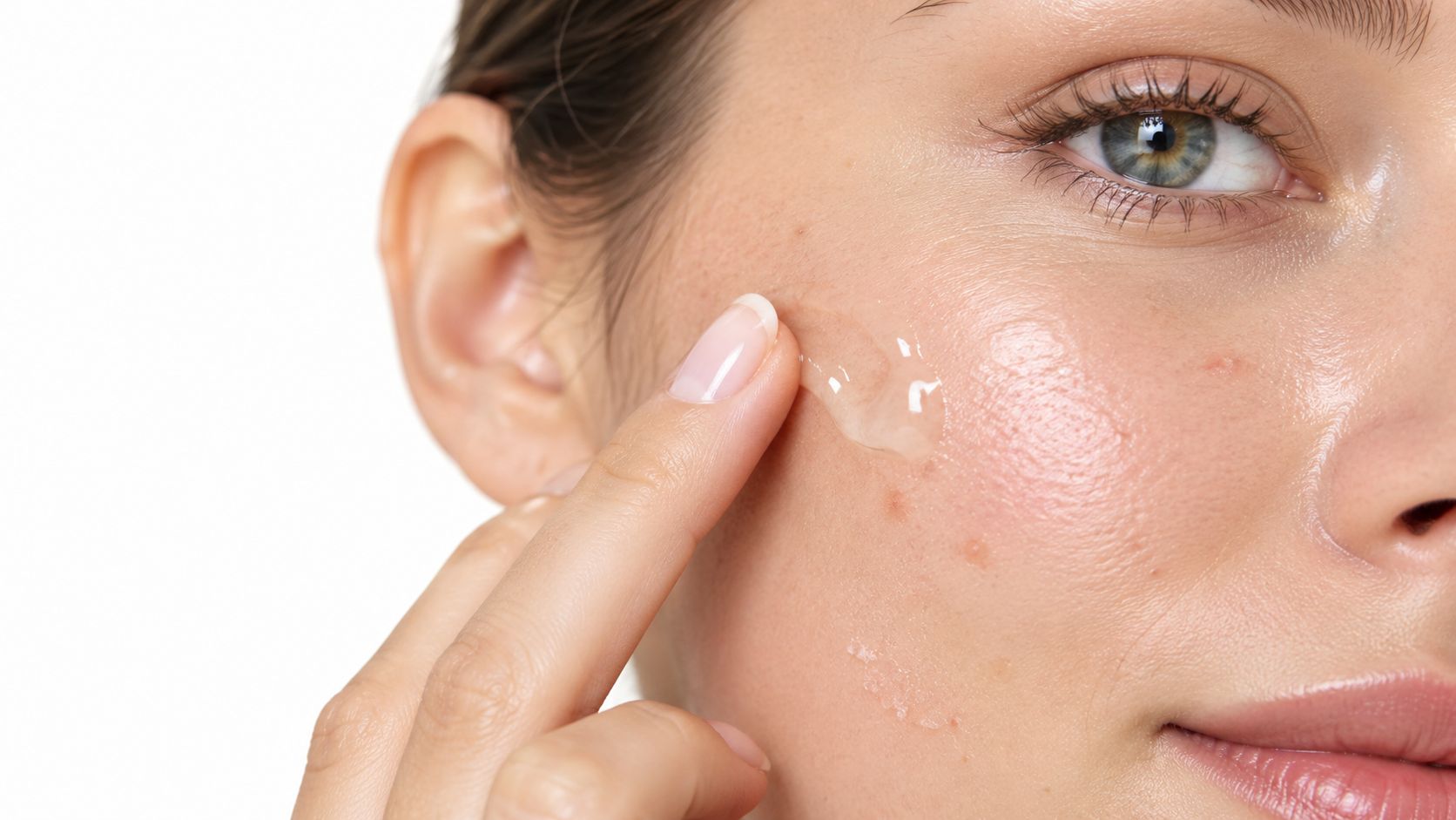 A close up view of a person gently applying a clear serum to their sensitive facial skin.