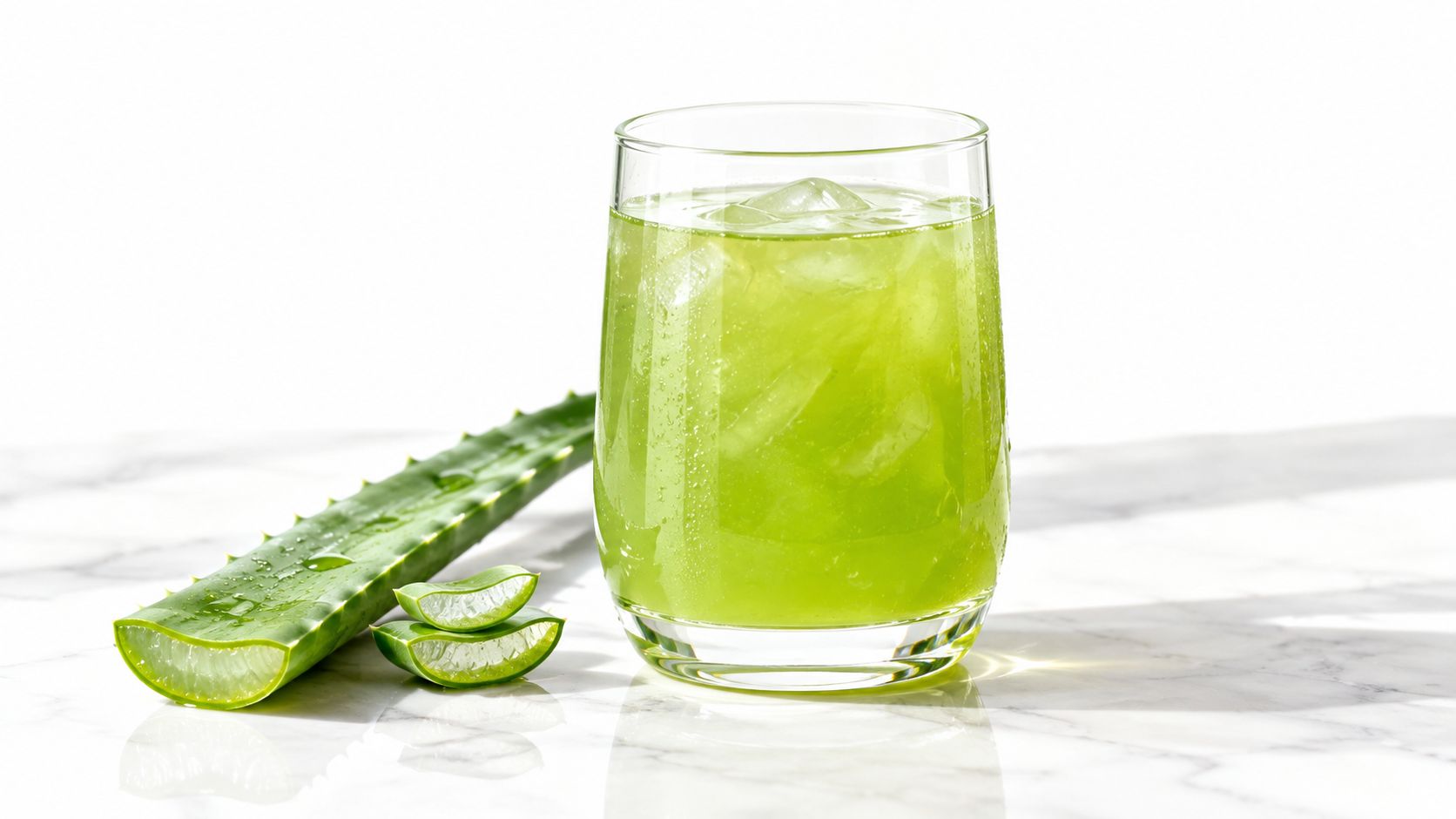 A refreshing glass of green aloe vera juice with ice cubes next to fresh aloe vera leaves.