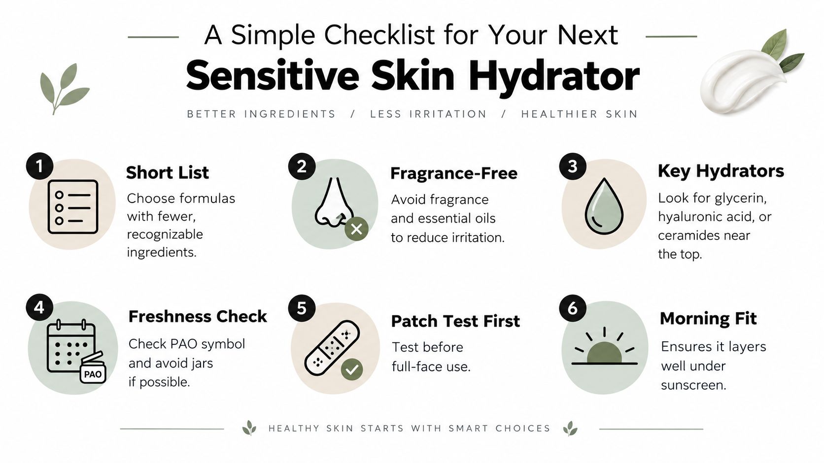 A six-point infographic guide on choosing a hydrating cream for sensitive skin with simple, actionable tips.