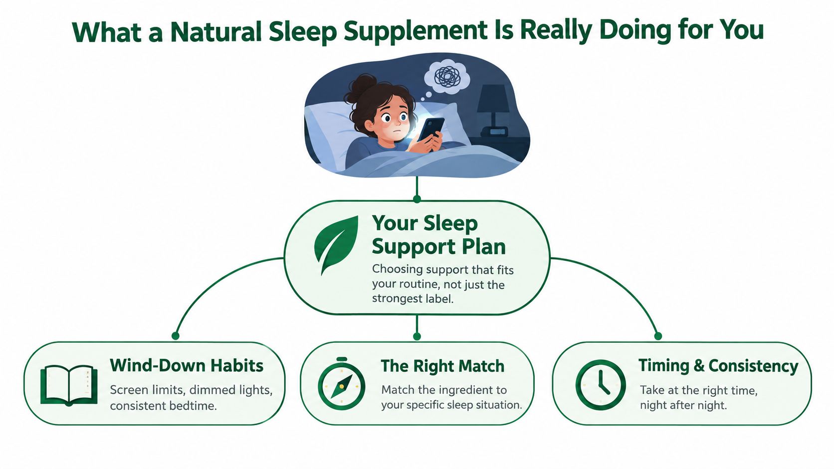 A diagram illustrating the essential components of a natural sleep support plan for better rest and routines.