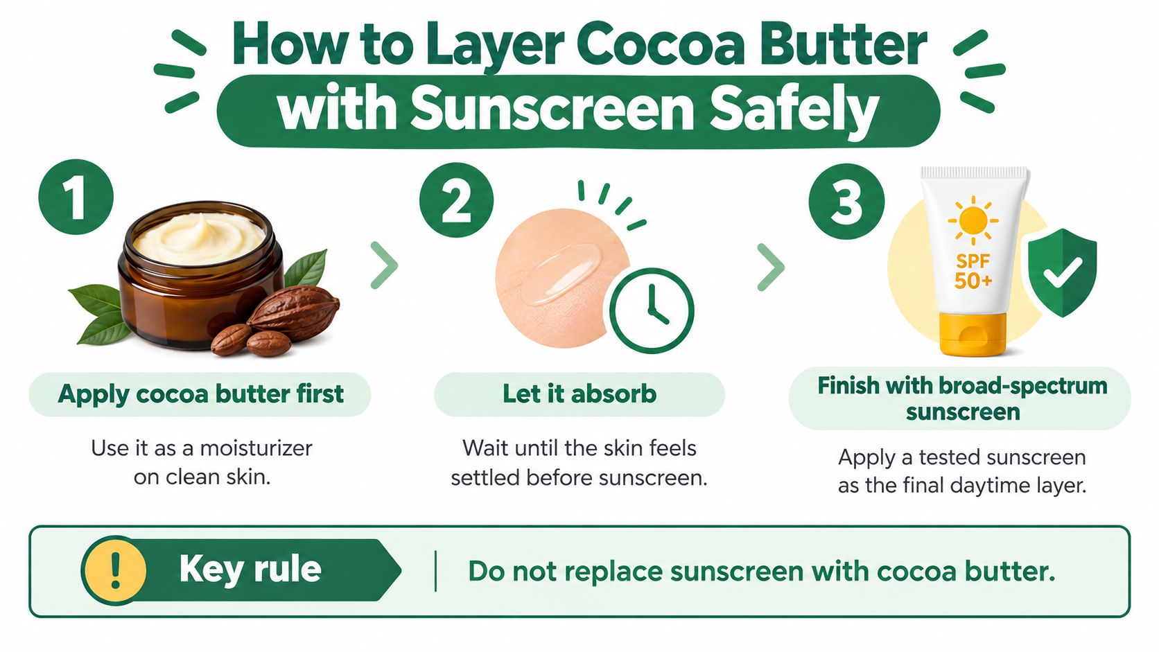 A three-step infographic showing how to safely layer cocoa butter moisturizer followed by broad-spectrum sunscreen.