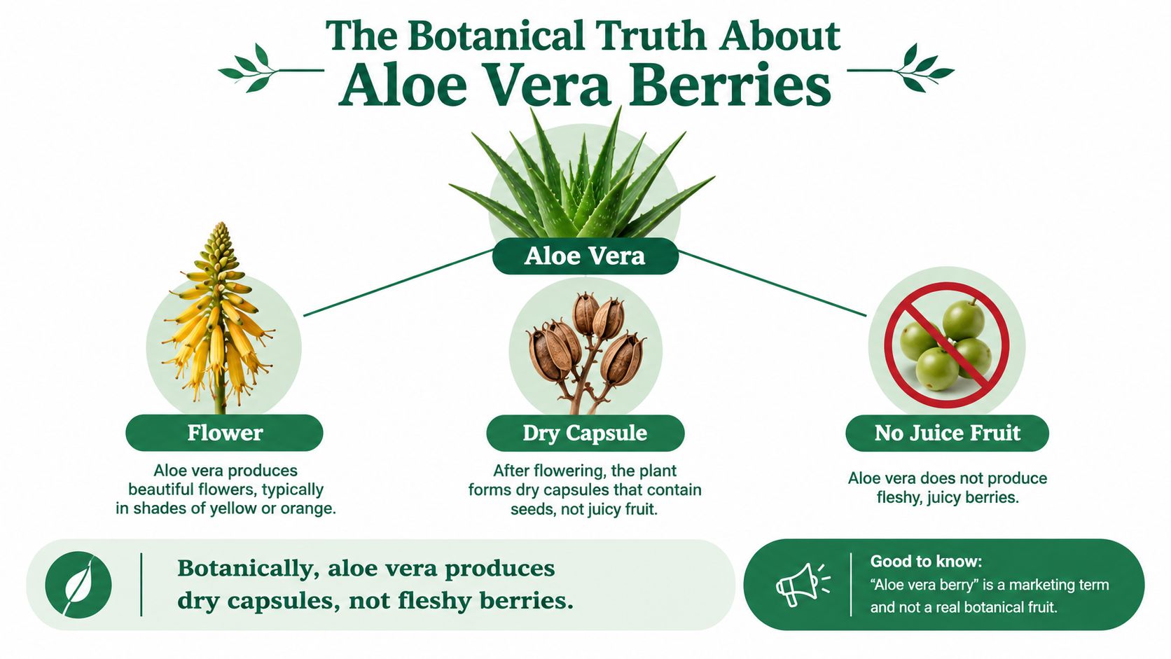 An infographic explaining that aloe vera plants produce dry capsules, not fleshy, juicy berries or fruits.