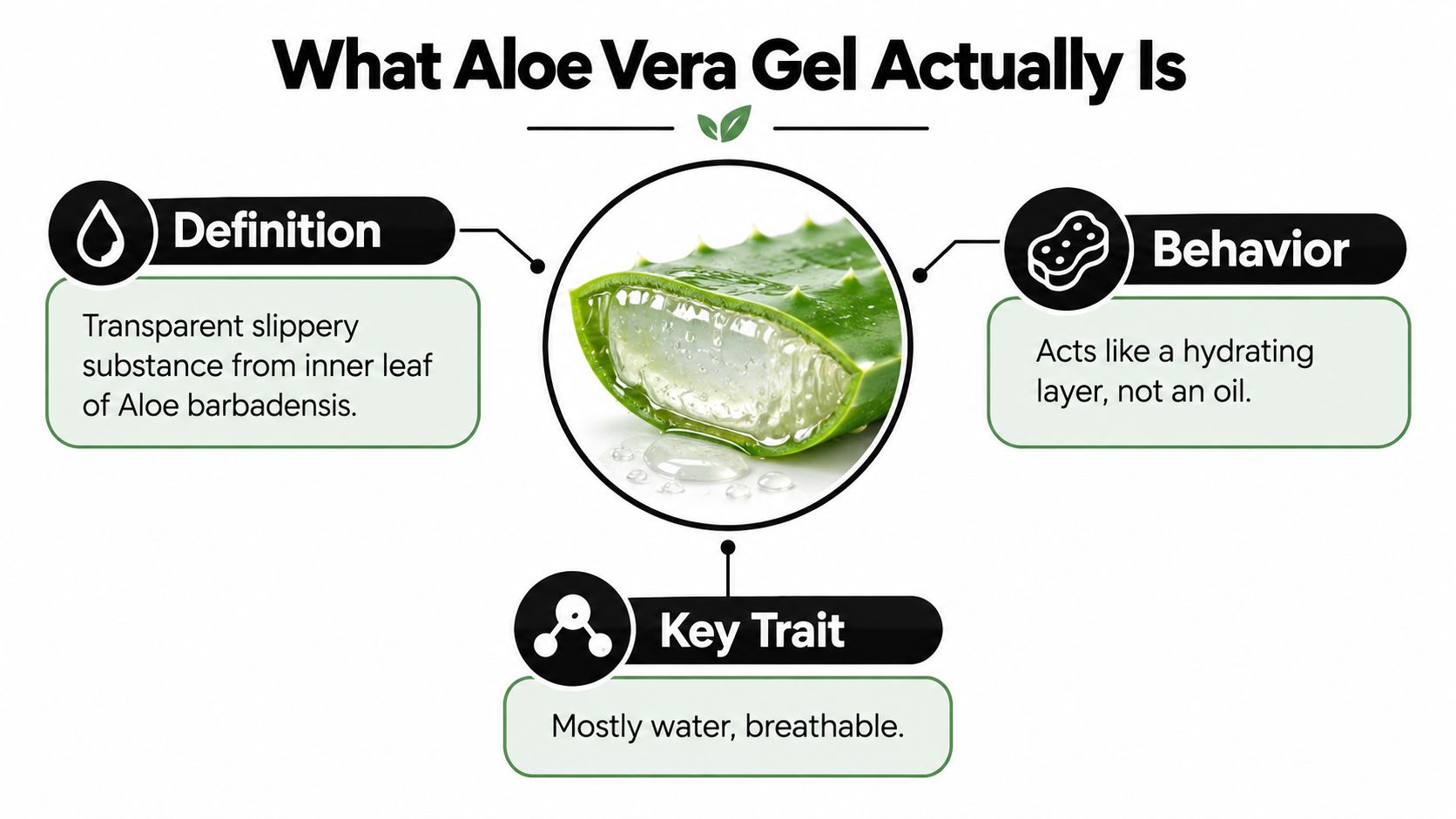 An infographic titled What Aloe Vera Gel Actually Is, explaining its definition, behavior, and key traits.