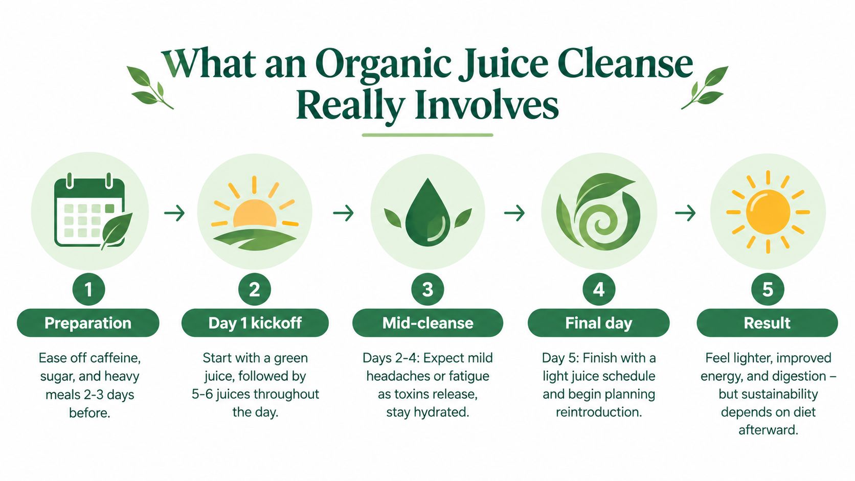A five-step infographic illustrating the preparation, process, and results of an organic juice cleanse program.