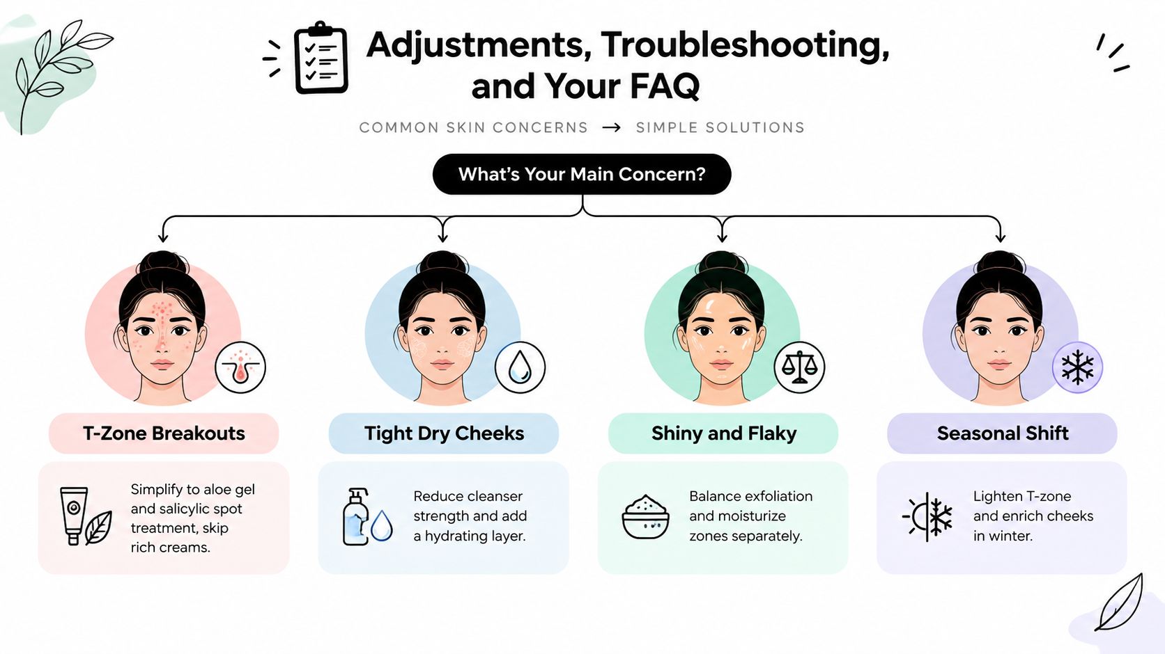 An infographic showing common combination skin concerns and simple solutions for breakouts, dryness, flakiness, and seasonal shifts.