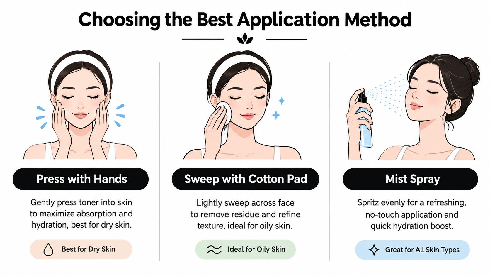 A guide showing three different ways to apply toner: using hands, a cotton pad, or a mist spray.