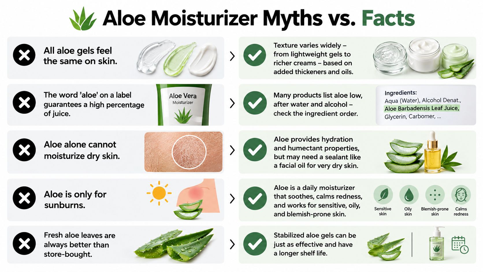 A comparison chart of aloe moisturizer myths and facts explaining product texture, ingredient labels, and usage.