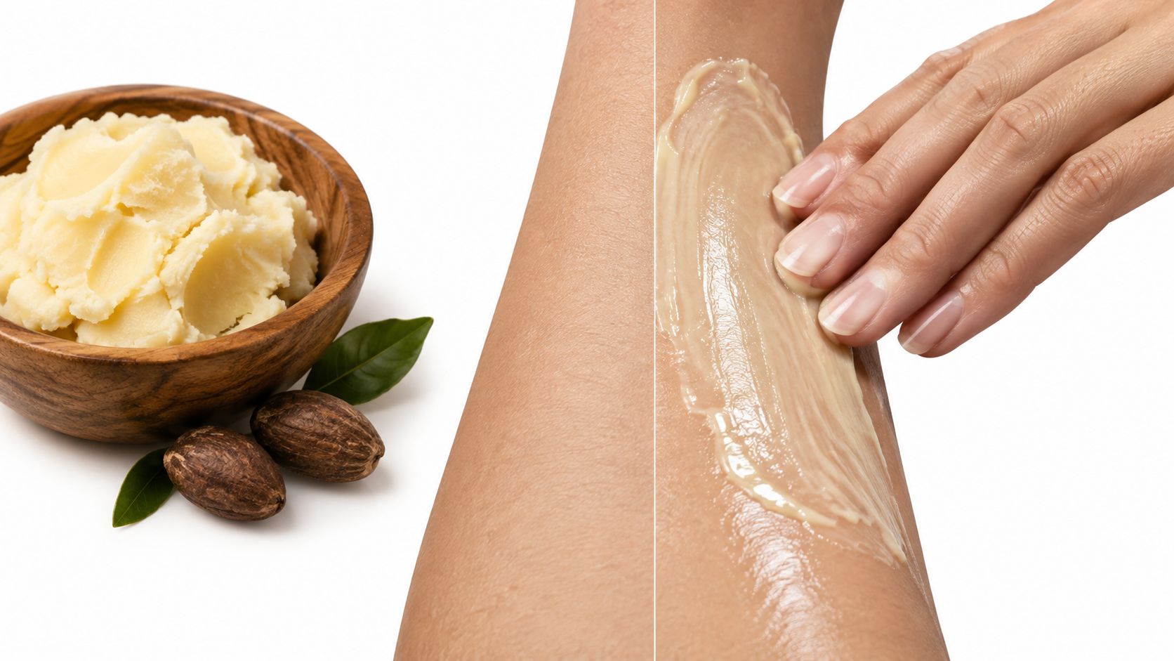 A wooden bowl filled with creamy shea butter next to raw shea nuts and a hand applying butter on skin.