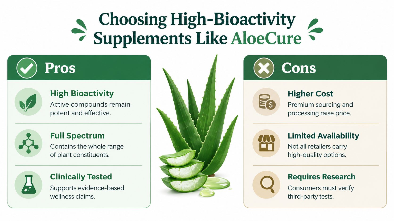 An infographic comparing the pros and cons of choosing high-bioactivity plant-based supplements like AloeCure.
