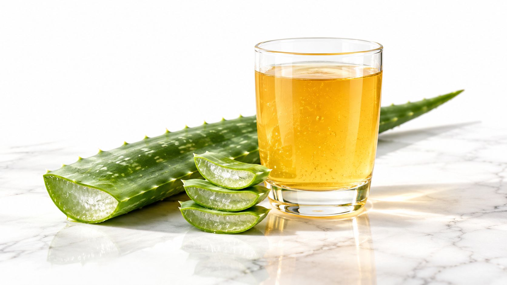 A glass of refreshing aloe vera juice next to a cut aloe vera leaf and fresh slices.