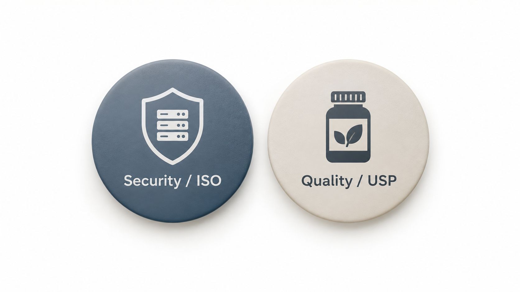 Two circular icons representing security standards and quality assurance with text labels against a clean background.