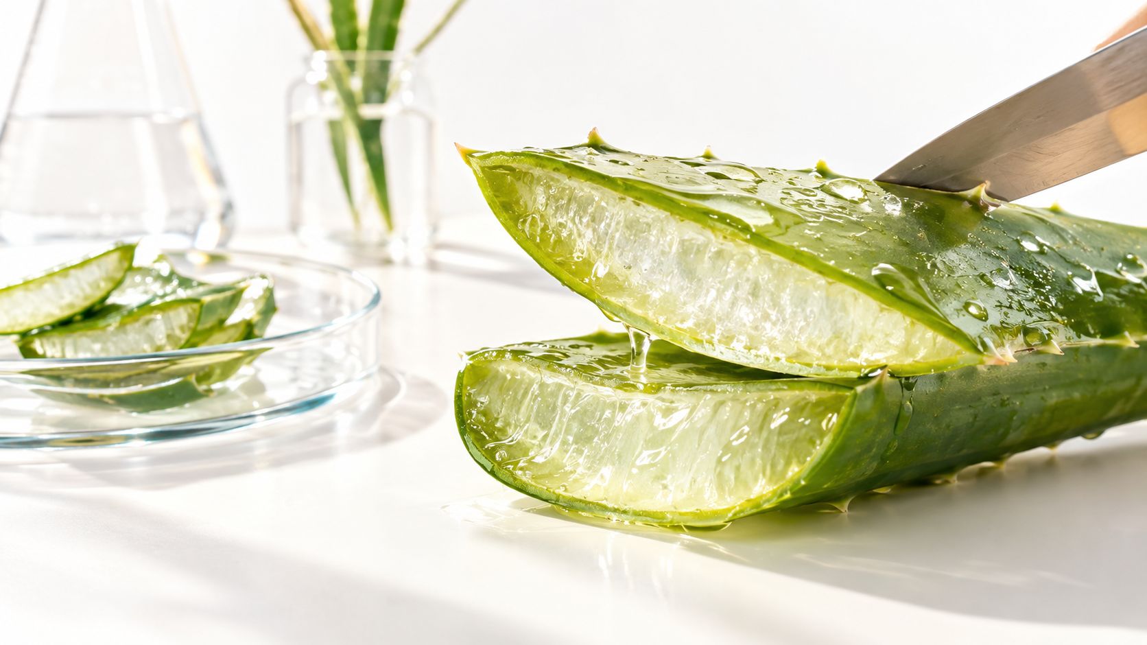 A close-up of a knife cutting a fresh, juicy aloe vera leaf on a white laboratory surface.